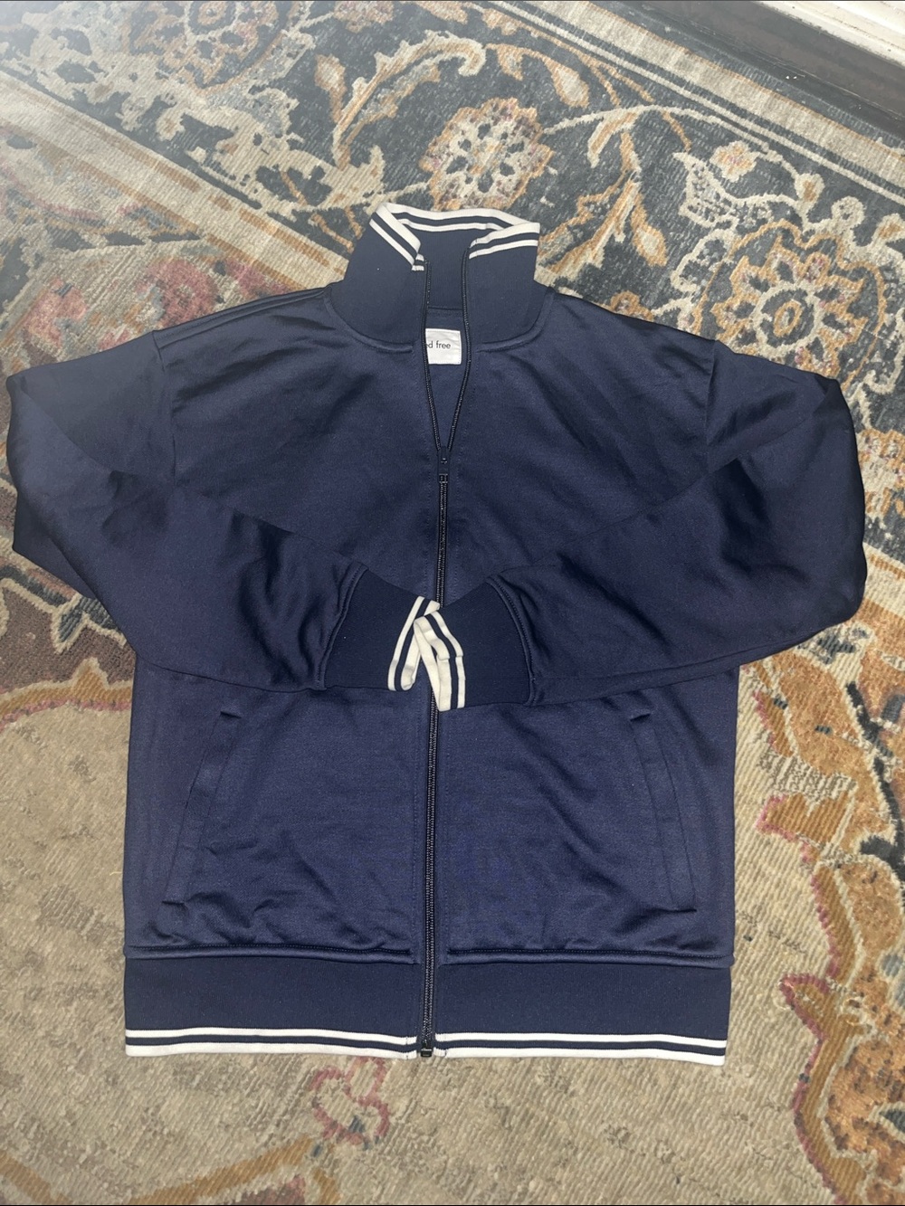 Navy Track Jacket with White Stripe Trim